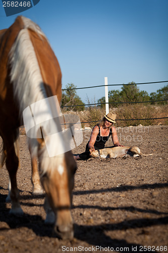 Image of young woman training horse outside in summer