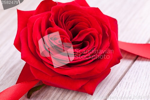 Image of Bouquet of red roses with ribbon border
