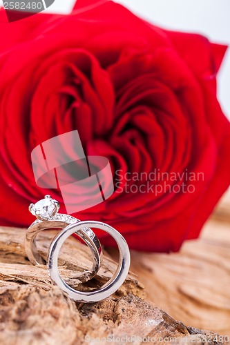 Image of beautiful ring on wooden background and red rose