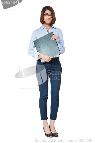 Image of smiling young business woman with folder portrait