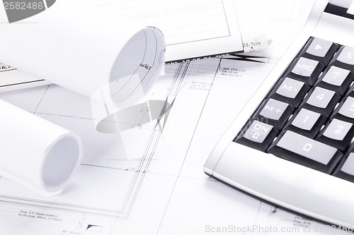 Image of architect blueprints equipment objects workplace
