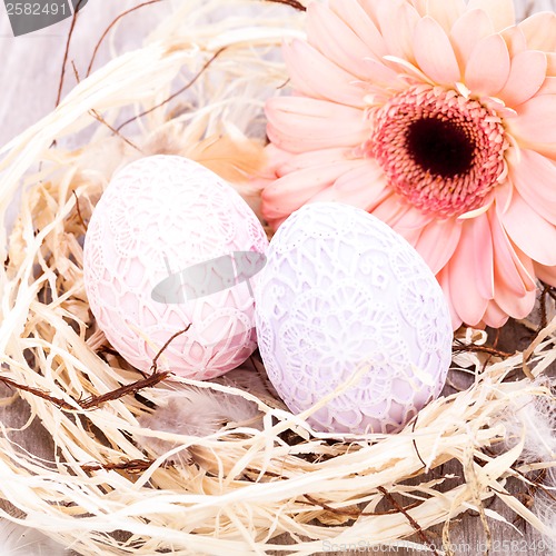 Image of Beautiful Easter eggs in crocheted covers