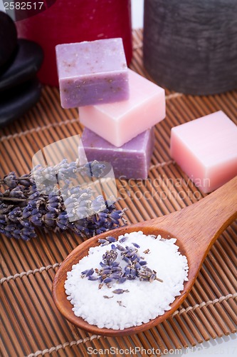 Image of handmade lavender soap and bath salt wellness spa 