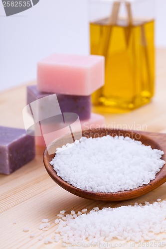 Image of welnness spa objects soap and bath salt closeup