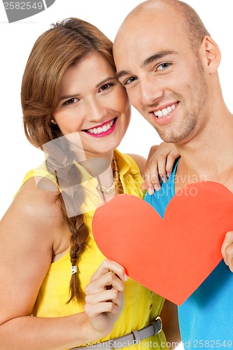 Image of happy young couple in love with red heart valentines day 