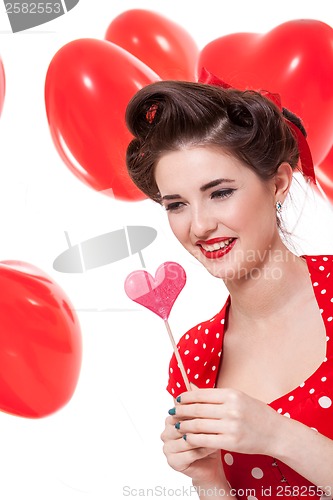 Image of smiling young attractive girl woman with red lips isolated