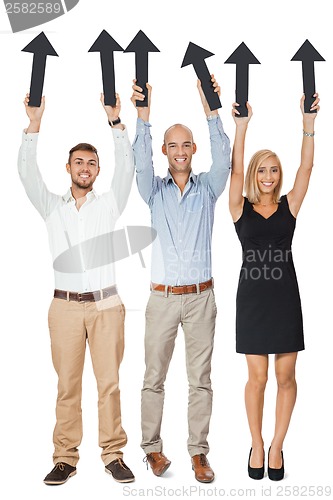 Image of happy people showing up black arrows isolated 