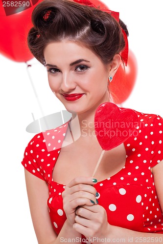 Image of smiling young attractive girl woman with red lips isolated