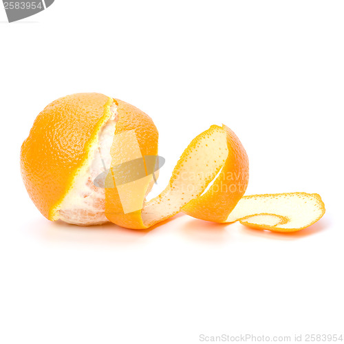 Image of orange with peeled spiral skin isolated on white background