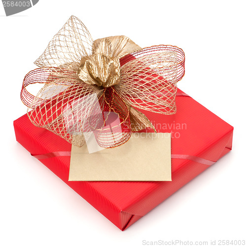 Image of Luxurious gift with note isolated on white background 