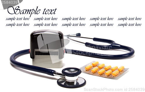 Image of stethoscope and doctor seal isolated on white background