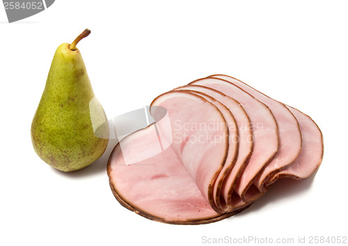 Image of singlde pear and smoked meat slices isolated on the white backgr