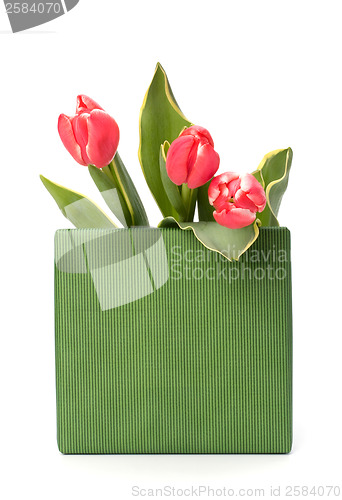 Image of gift with pink tulips  isolated on white background