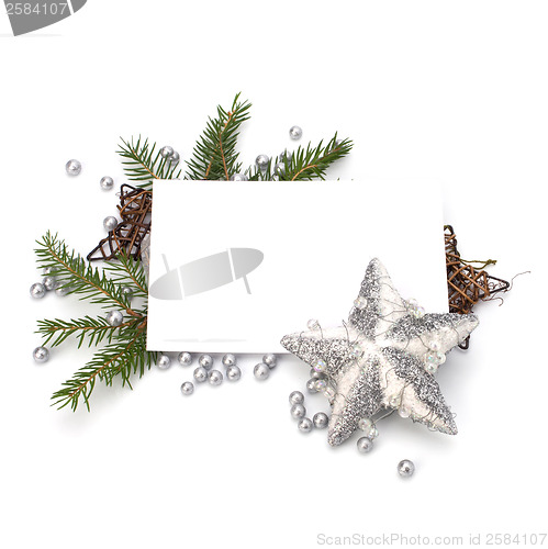 Image of Christmas decoration with greeting card isolated on white backgr