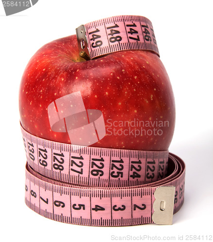 Image of  tape measure wrapped around the apple isolated on white backgro