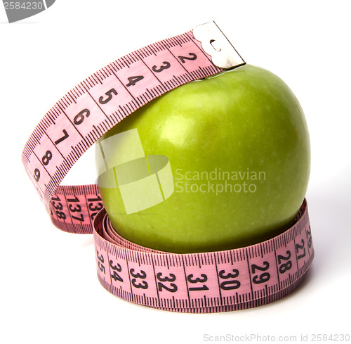 Image of  tape measure wrapped around the apple isolated on white backgro