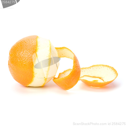 Image of orange with peeled spiral skin isolated on white background