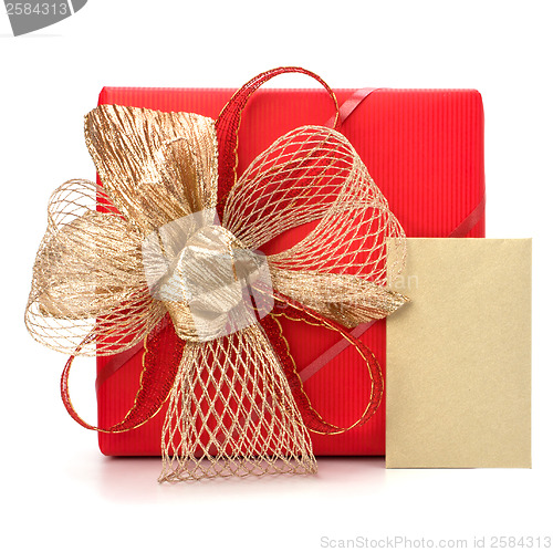 Image of Luxurious gift with note isolated on white background 
