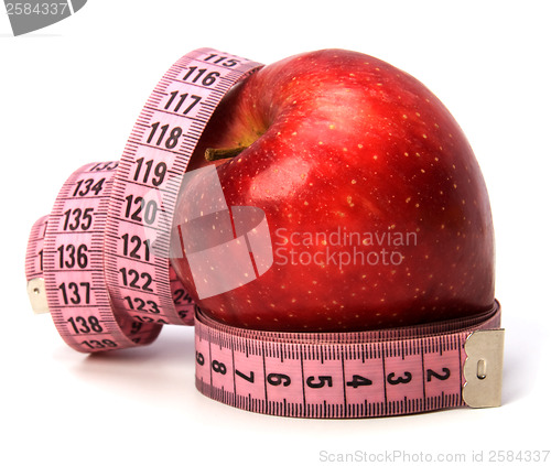 Image of  tape measure wrapped around the apple isolated on white backgro