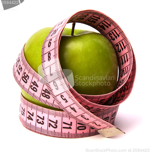 Image of  tape measure wrapped around the apple isolated on white backgro