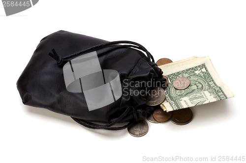 Image of Money in leather  bag isolated on white  background 