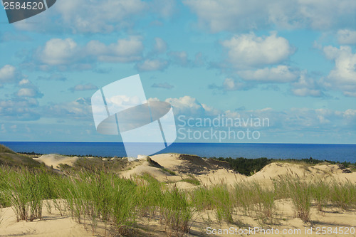 Image of Bench on sky background. Tranquil scene.