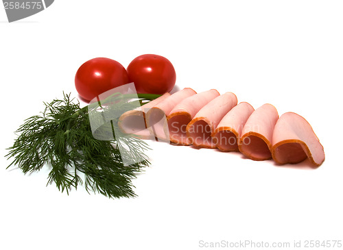 Image of tomato and  meat  slices isolated on white 