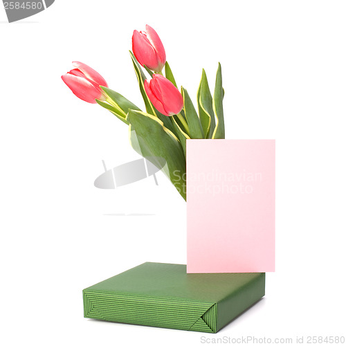 Image of gift with pink tulips  isolated on white background