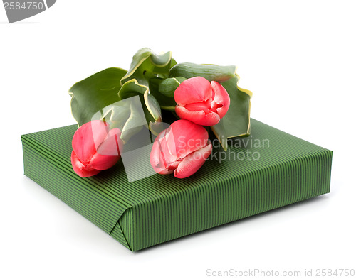 Image of gift with pink tulips  isolated on white background