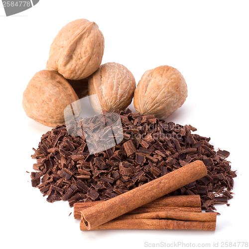 Image of grated chocolate and nuts isolated on white background