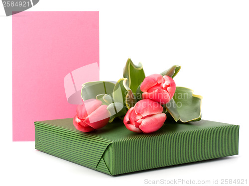 Image of gift with pink tulips  isolated on white background