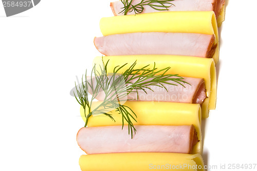 Image of meat and cheese slices isolated on white 