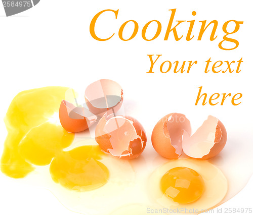 Image of broken eggs isolated on white background