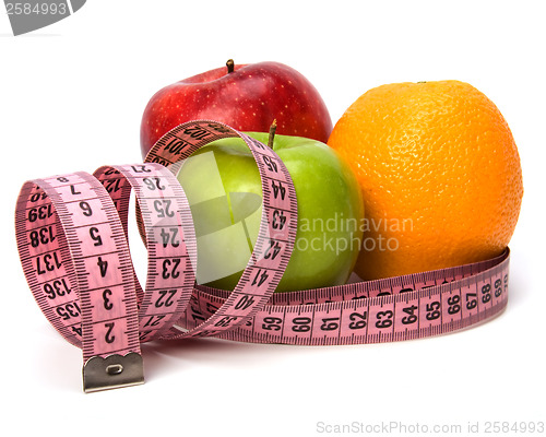 Image of  tape measure wrapped around fruits isolated on white background