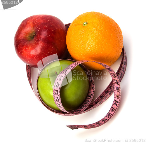 Image of  tape measure wrapped around fruits isolated on white background