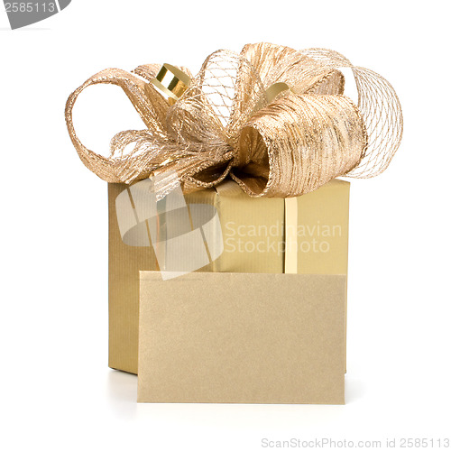 Image of Luxurious gift with note isolated on white background 