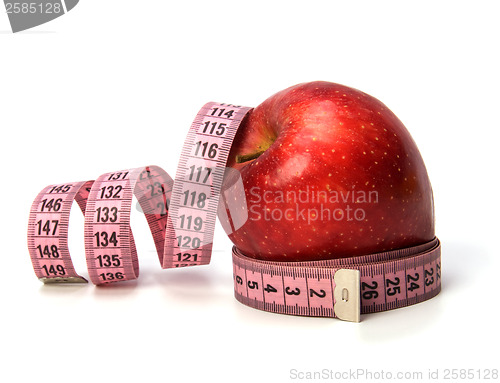 Image of  tape measure wrapped around the apple isolated on white backgro