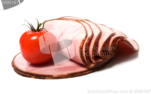Image of sliced smoked meat isolated on white background