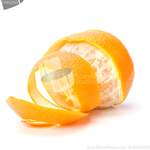 Image of orange with peeled spiral skin isolated on white background