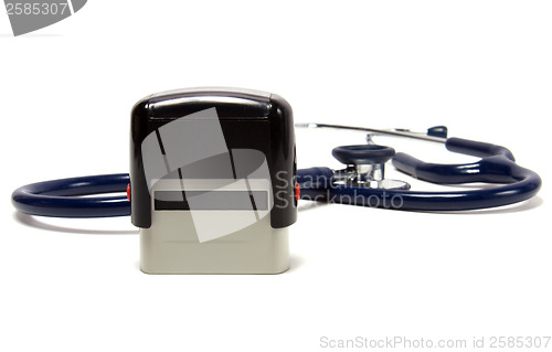 Image of stethoscope and doctor seal isolated on white background