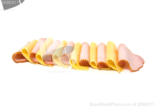 Image of meat and cheese slices isolated on white 