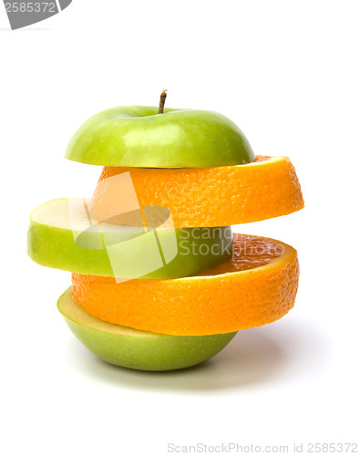 Image of mixed sliced fruits and pills isolated on white background