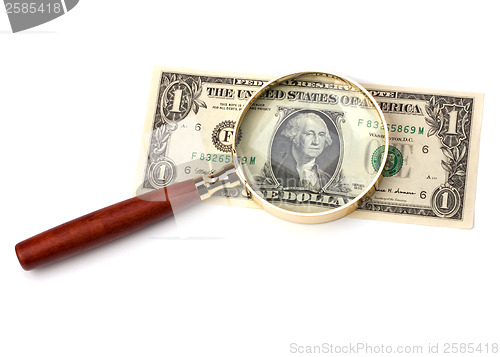 Image of hand magnifier over banknote isolated on white background