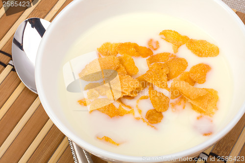 Image of Healthy breakfast. Bowl with corn flakes.