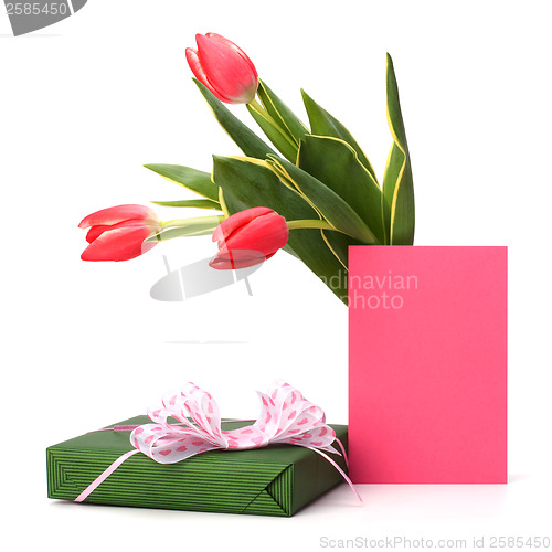 Image of gift with pink tulips  isolated on white background