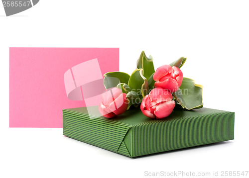 Image of gift with pink tulips  isolated on white background