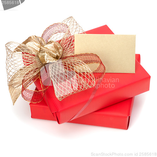 Image of 
Luxurious gifts with note isolated on white background 
