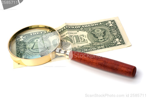 Image of hand magnifier over banknote isolated on white background