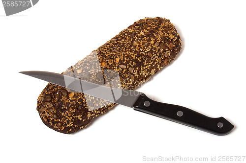 Image of bread and knife isolated on white 