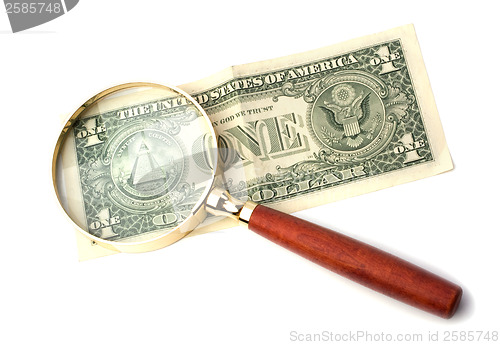 Image of hand magnifier over banknote isolated on white background